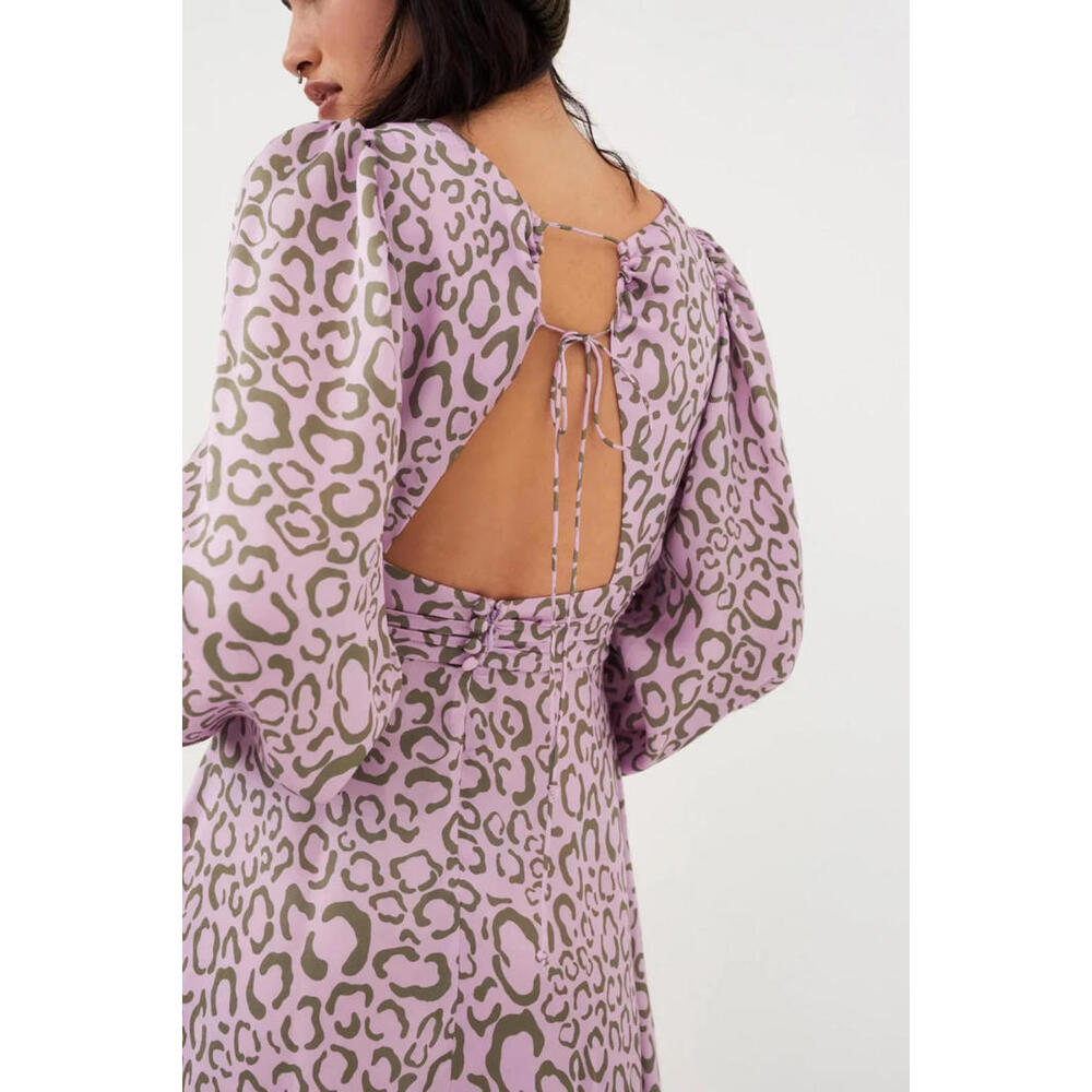 For Love & Lemons June Mini Dress Medium Lavender Leopard Print Ruched Flowy - Picture 3 of 3